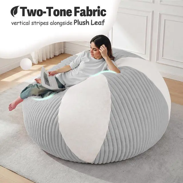Alt view image 5 of 7 - 5FT Bean Bag Chairs Teardrop Bean Bag Chairs for Adults Beanbag Chair with Memory Foam Filled Soft Plush Leaf alongside Stripe Faux Fur Washable Cover for Dorm, Bedroom(Plush LGY/WH)