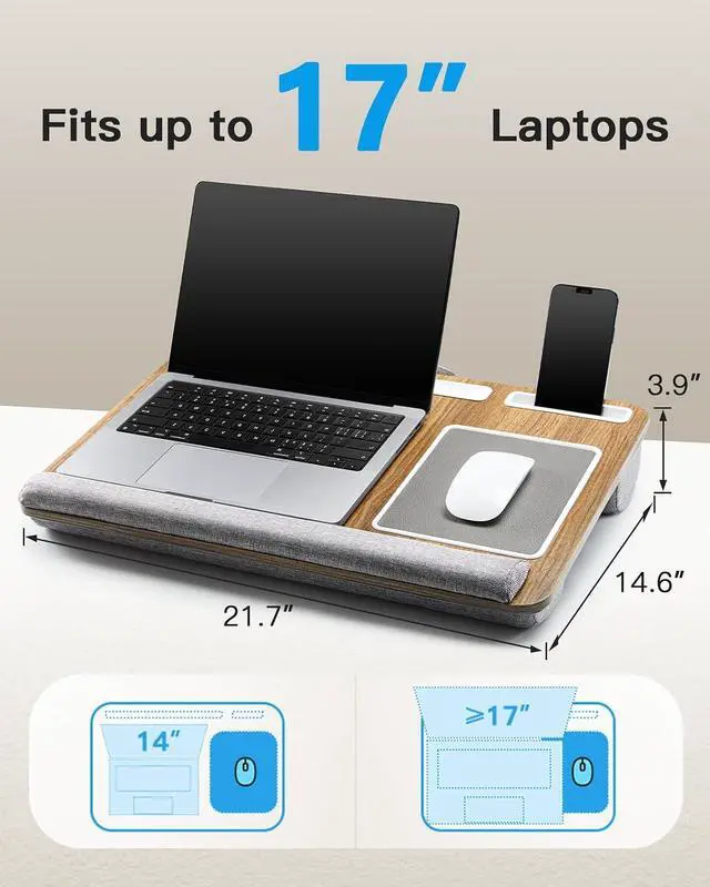 Alt view image 2 of 7 - Lap Desk - Fits up to 17 inches Laptop Desk, Built in Mouse Pad & Wrist Pad for Notebook, Laptop, Tablet, Lap Stand with Tablet, Pen & Phone Holder, Brown Woodgrain