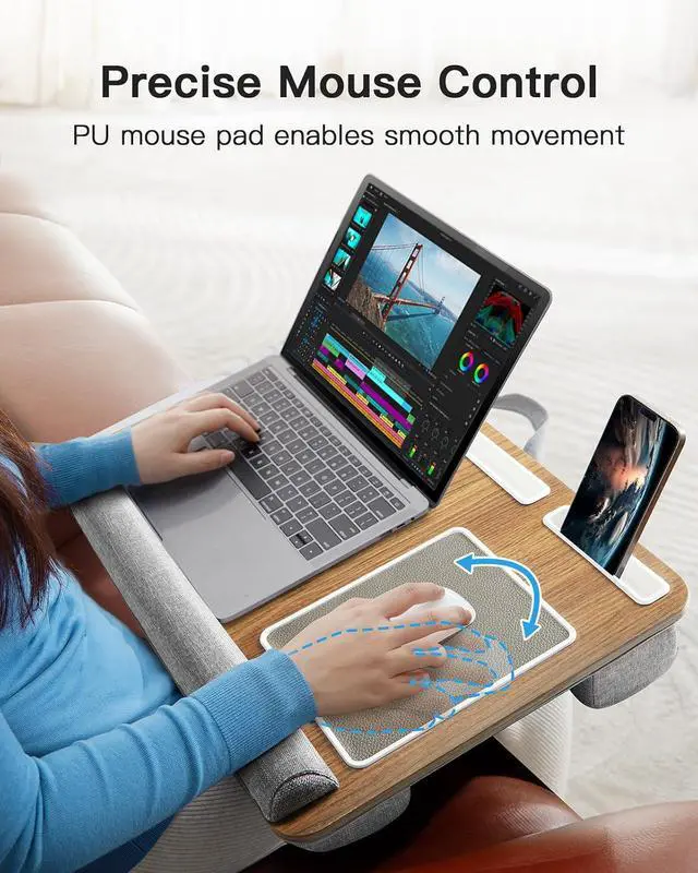 Alt view image 3 of 7 - Lap Desk - Fits up to 17 inches Laptop Desk, Built in Mouse Pad & Wrist Pad for Notebook, Laptop, Tablet, Lap Stand with Tablet, Pen & Phone Holder, Brown Woodgrain