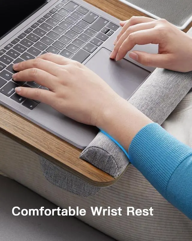 Alt view image 4 of 7 - Lap Desk - Fits up to 17 inches Laptop Desk, Built in Mouse Pad & Wrist Pad for Notebook, Laptop, Tablet, Lap Stand with Tablet, Pen & Phone Holder, Brown Woodgrain