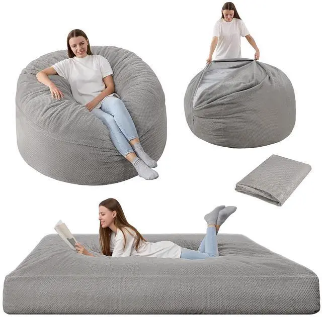 Main image of Bean Bag Chair, Giant Bean Bag Chair with Washable Chenille Cover Ultra Soft, Convertible Bean Bag from Chair to Mattress, Huge Chenille Bean Bags for Adult, Couples, Family (Grey Queen)