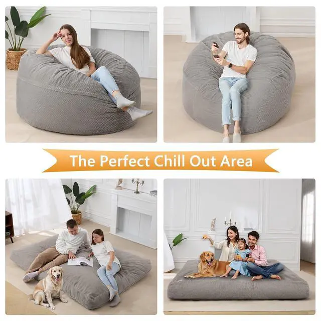 Alt view image 5 of 6 - Bean Bag Chair, Giant Bean Bag Chair with Washable Chenille Cover Ultra Soft, Convertible Bean Bag from Chair to Mattress, Huge Chenille Bean Bags for Adult, Couples, Family (Grey Queen)