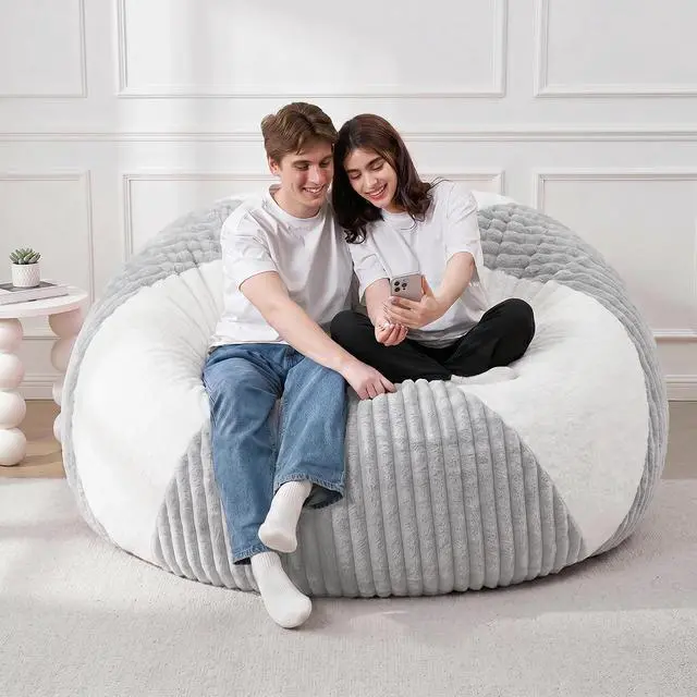 Alt view image 7 of 7 - 5FT Bean Bag Chairs Teardrop Bean Bag Chairs for Adults Beanbag Chair with Memory Foam Filled Soft Plush Leaf alongside Stripe Faux Fur Washable Cover for Dorm, Bedroom(Plush LGY/WH)