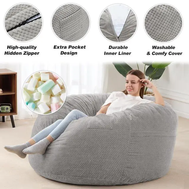 Alt view image 4 of 6 - Bean Bag Chair, Giant Bean Bag Chair with Washable Chenille Cover Ultra Soft, Convertible Bean Bag from Chair to Mattress, Huge Chenille Bean Bags for Adult, Couples, Family (Grey Queen)
