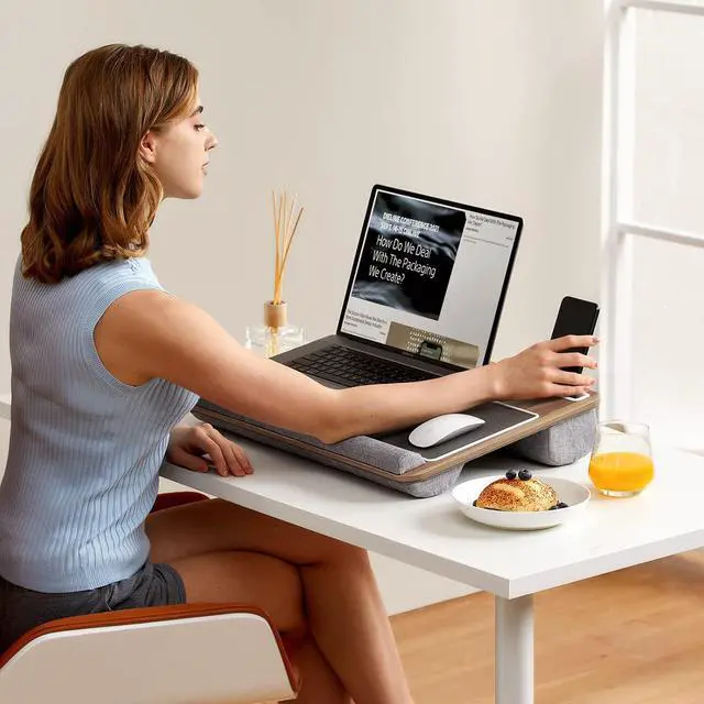Alt view image 6 of 7 - Lap Desk - Fits up to 17 inches Laptop Desk, Built in Mouse Pad & Wrist Pad for Notebook, Laptop, Tablet, Lap Stand with Tablet, Pen & Phone Holder, Brown Woodgrain