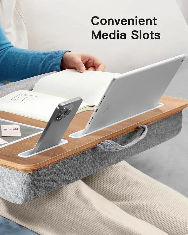Alt view image 7 of 7 - Lap Desk - Fits up to 17 inches Laptop Desk, Built in Mouse Pad & Wrist Pad for Notebook, Laptop, Tablet, Lap Stand with Tablet, Pen & Phone Holder, Wood Grain