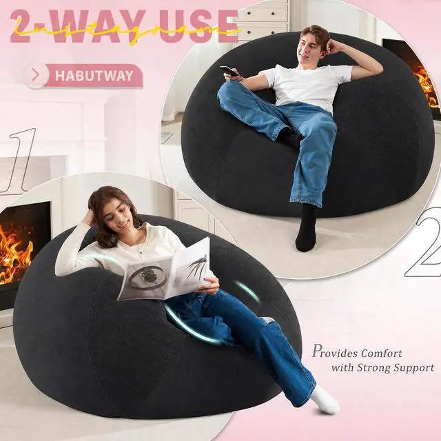 Alt view image 4 of 7 - 5FT Bean Bag Chair Teardrop Bean Bag Chairs for Adults beanbag with Memory Foam Filled with Dual-Tone Unique Combination Corduroy & Luxury Distressed Velvet Washable Cover,Velvet Black