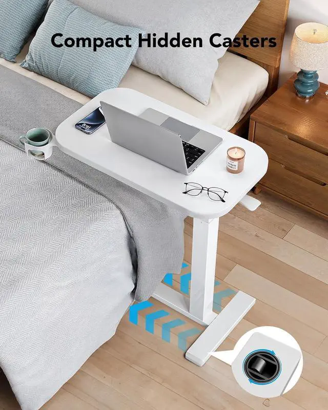 Alt view image 4 of 7 - 28Inch Bedside Table with Wheels, Height-Adjustable Rolling Computer Cart, Overbed Table with Cup Holder, Pneumatic Laptop Standing Desk for Home Office, White
