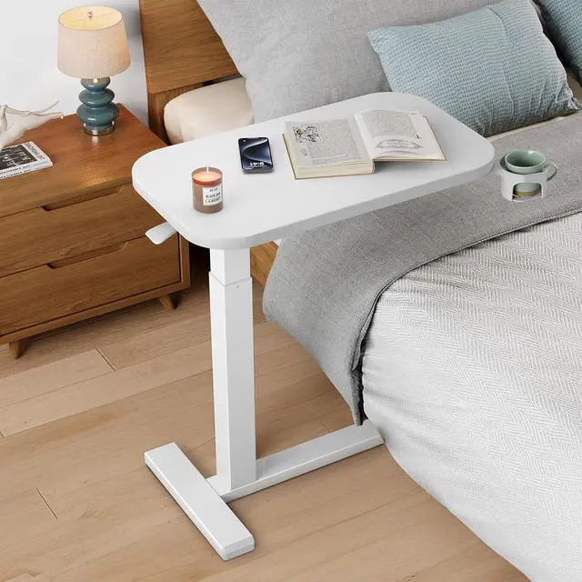 Alt view image 2 of 7 - 28Inch Bedside Table with Wheels, Height-Adjustable Rolling Computer Cart, Overbed Table with Cup Holder, Pneumatic Laptop Standing Desk for Home Office, White