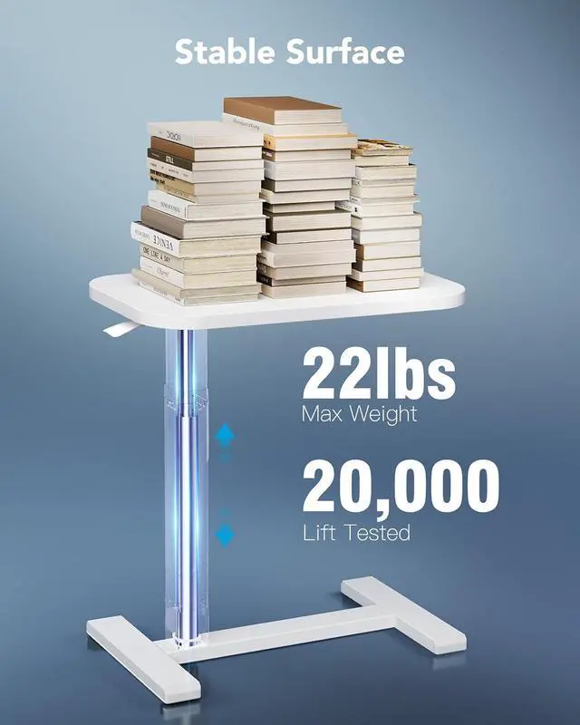 Alt view image 6 of 7 - 28Inch Bedside Table with Wheels, Height-Adjustable Rolling Computer Cart, Overbed Table with Cup Holder, Pneumatic Laptop Standing Desk for Home Office, White
