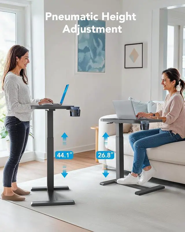 Alt view image 3 of 7 - 32Inch Bedside Table with Wheels, Height-Adjustable Rolling Computer Cart, Overbed Table with Cup Holder, Pneumatic Laptop Standing Desk for Home Office, Black