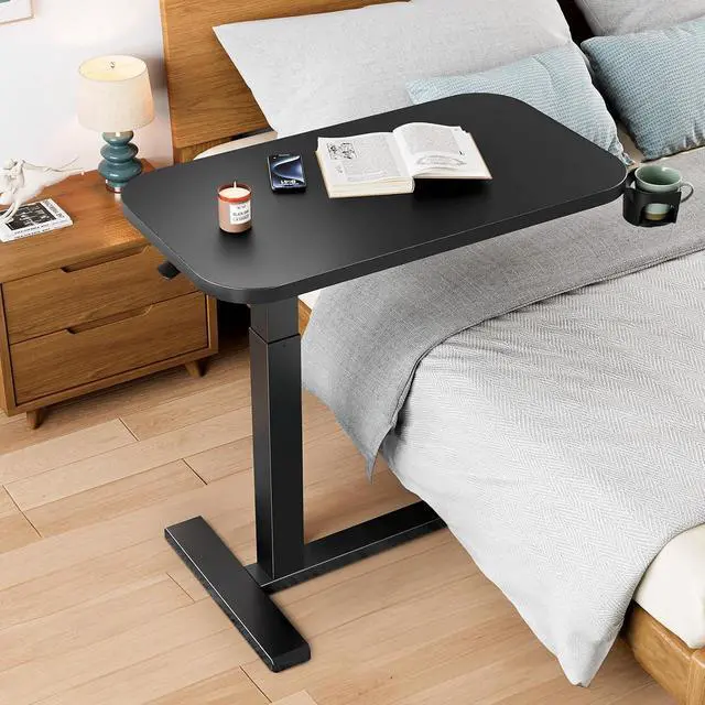 Alt view image 2 of 7 - 32Inch Bedside Table with Wheels, Height-Adjustable Rolling Computer Cart, Overbed Table with Cup Holder, Pneumatic Laptop Standing Desk for Home Office, Black
