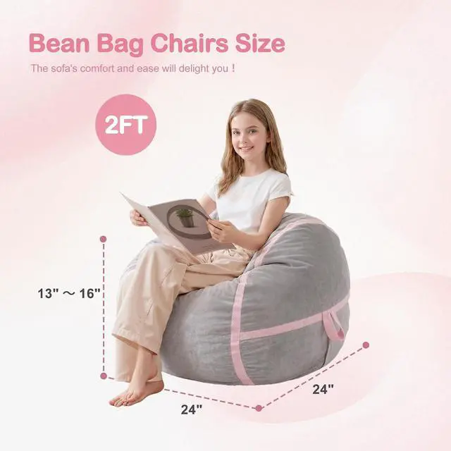 Alt view image 2 of 7 - 2ft Bean Bag Chair Giant Bean Bag Chairs for Adults with Memory Foam Filled, Large Beanbag Chair with Removable Dutch Velvet Cover for Living Room, Bedroom, Dorm, Light Grey & Pink