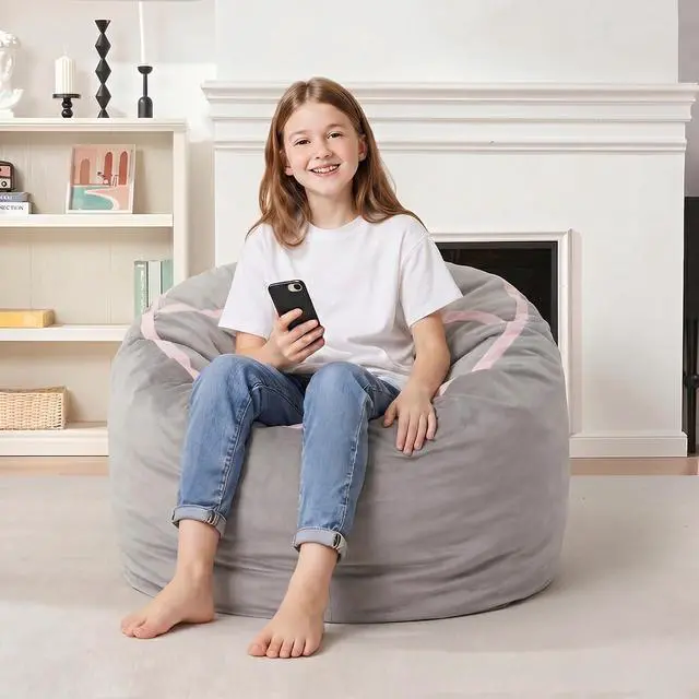 Alt view image 4 of 7 - 2ft Bean Bag Chair Giant Bean Bag Chairs for Adults with Memory Foam Filled, Large Beanbag Chair with Removable Dutch Velvet Cover for Living Room, Bedroom, Dorm, Light Grey & Pink