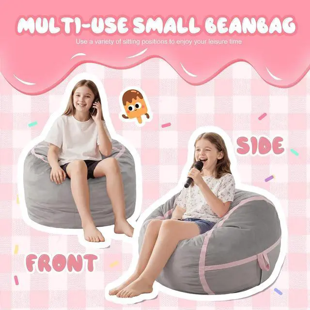 Alt view image 5 of 7 - 2ft Bean Bag Chair Giant Bean Bag Chairs for Adults with Memory Foam Filled, Large Beanbag Chair with Removable Dutch Velvet Cover for Living Room, Bedroom, Dorm, Light Grey & Pink