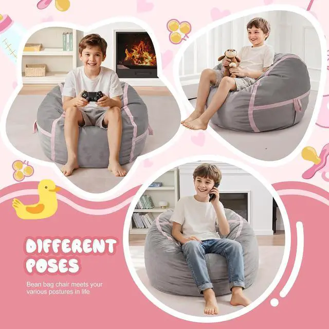 Alt view image 6 of 7 - 2ft Bean Bag Chair Giant Bean Bag Chairs for Adults with Memory Foam Filled, Large Beanbag Chair with Removable Dutch Velvet Cover for Living Room, Bedroom, Dorm, Light Grey & Pink