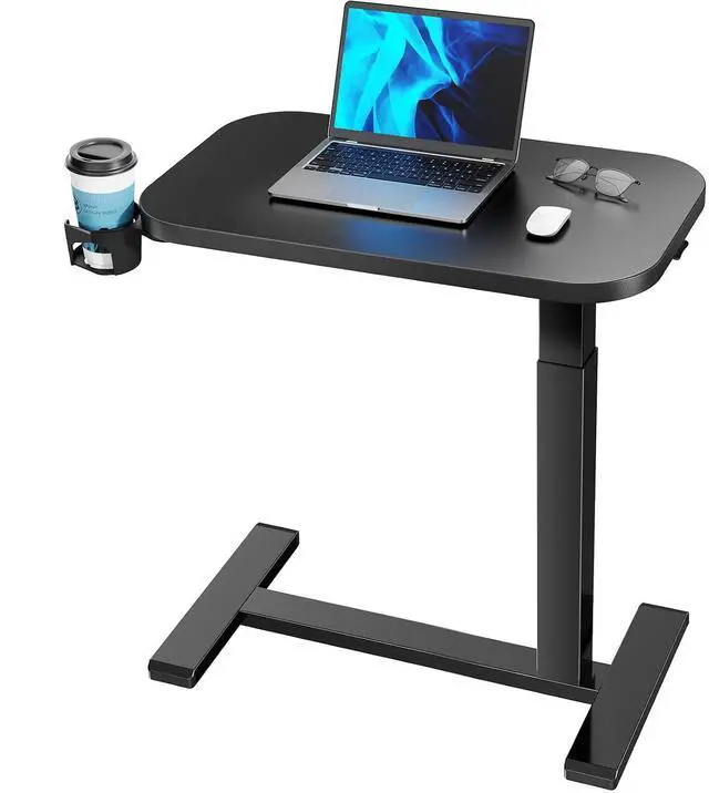 Main image of 28Inch Bedside Table with Wheels, Height-Adjustable Rolling Computer Cart, Overbed Table with Cup Holder, Pneumatic Laptop Standing Desk for Home Office, Black