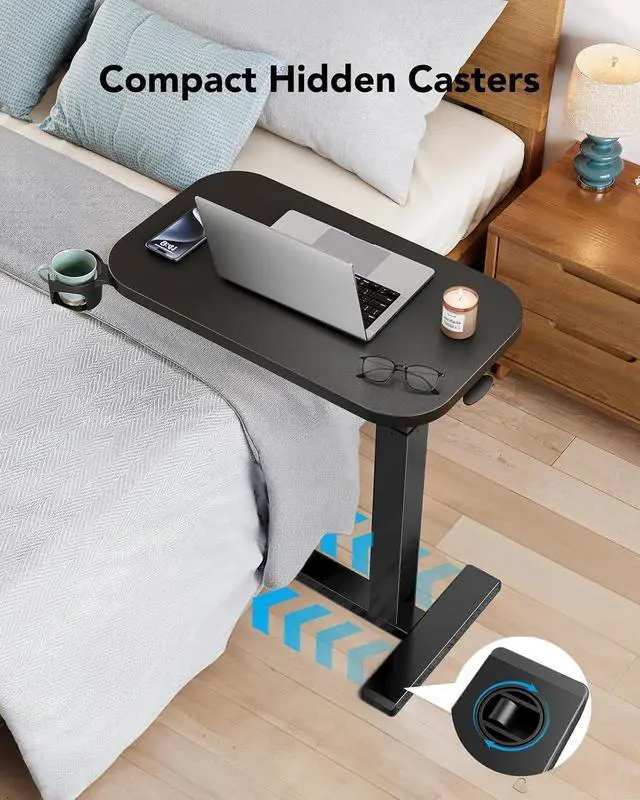 Alt view image 6 of 7 - 32Inch Bedside Table with Wheels, Height-Adjustable Rolling Computer Cart, Overbed Table with Cup Holder, Pneumatic Laptop Standing Desk for Home Office, Black