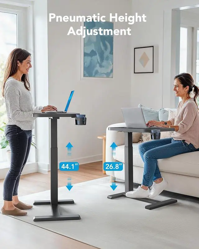 Alt view image 3 of 7 - 28Inch Bedside Table with Wheels, Height-Adjustable Rolling Computer Cart, Overbed Table with Cup Holder, Pneumatic Laptop Standing Desk for Home Office, Black