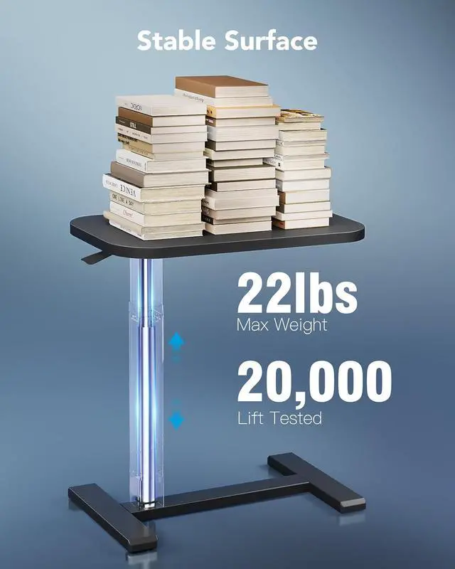 Alt view image 5 of 7 - 28Inch Bedside Table with Wheels, Height-Adjustable Rolling Computer Cart, Overbed Table with Cup Holder, Pneumatic Laptop Standing Desk for Home Office, Black
