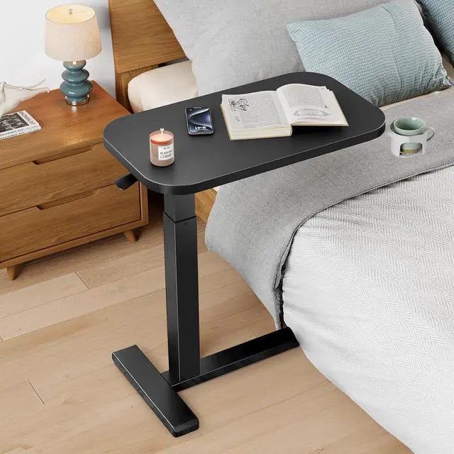 Alt view image 2 of 7 - 28Inch Bedside Table with Wheels, Height-Adjustable Rolling Computer Cart, Overbed Table with Cup Holder, Pneumatic Laptop Standing Desk for Home Office, Black