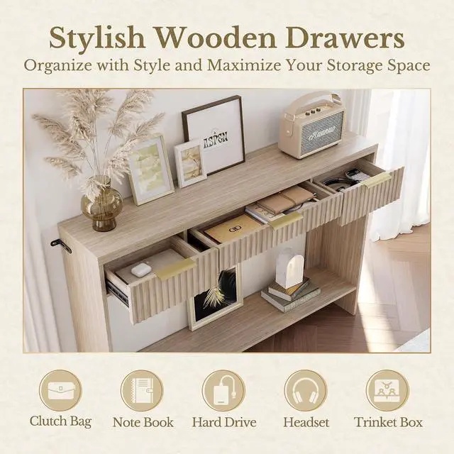 Alt view image 3 of 7 - Console Sofa Table3 Drawer Entryway Table with Open Storage Shelf, Narrow Long Behind Couch Sofa Table for Living RoomLight Walnut