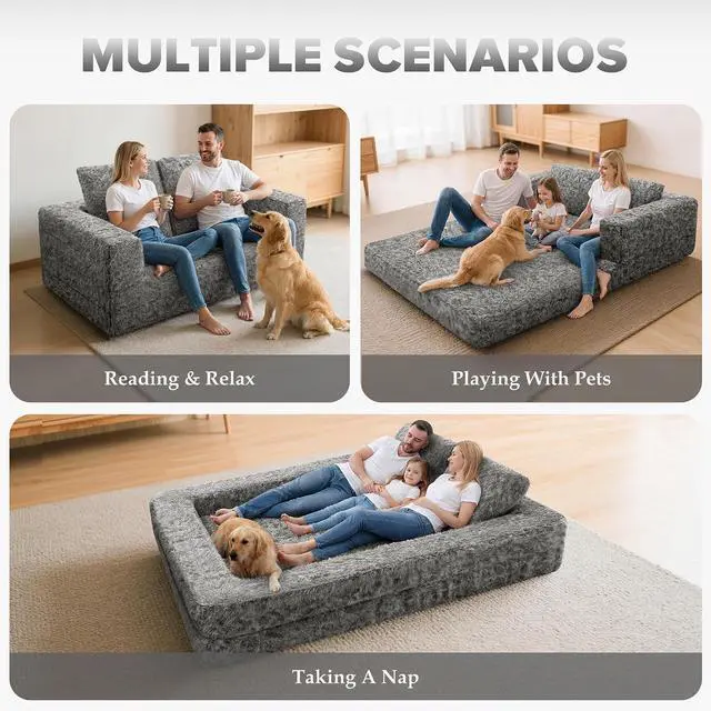Alt view image 3 of 7 - Convertible Sofa Bed, 3-in-1 Futon Sofa Bed with Pillow, Foldable Pull Out Floor Sofa Bed with Removable Cover, Plush Boneless Couch for Living Room/Bedroom/Dorm