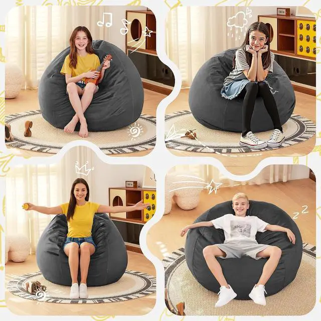 Alt view image 6 of 7 - 2FT Bean Bag Chair, 2' Beanbags Small Bean Bag Chairs with Filling, Teardrop Bean Bag Chair Luxurious Velvet Ultra Soft Fur with Removable Cover (Grey)