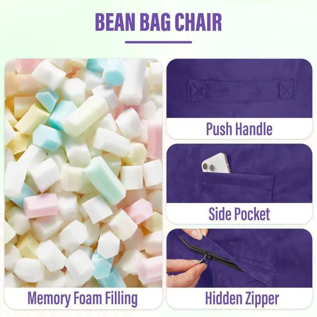 Alt view image 4 of 7 - Bean Bag Chair: Giant 6' Memory Foam Furniture Bean Bag Chair with Microfiber Cover - 6Ft,Purple
