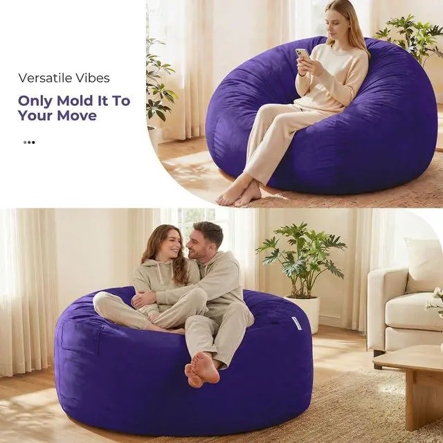 Alt view image 6 of 7 - Bean Bag Chair: Giant 6' Memory Foam Furniture Bean Bag Chair with Microfiber Cover - 6Ft,Purple