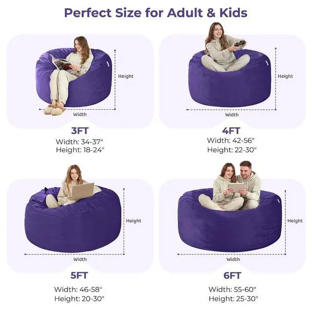 Alt view image 3 of 7 - Bean Bag Chair: Giant 6' Memory Foam Furniture Bean Bag Chair with Microfiber Cover - 6Ft,Purple