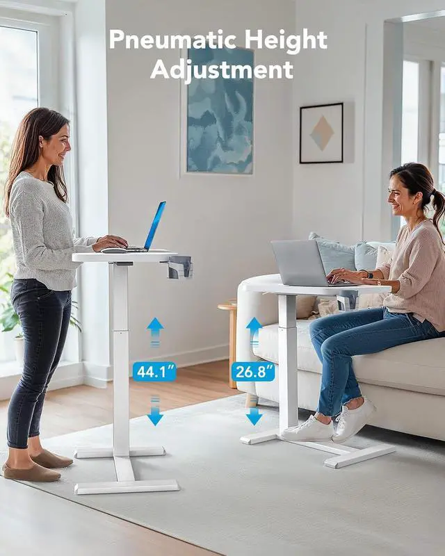 Alt view image 3 of 7 - 28Inch Bedside Table with Wheels, Height-Adjustable Rolling Computer Cart, Overbed Table with Cup Holder, Pneumatic Laptop Standing Desk for Home Office, White