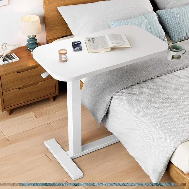 Alt view image 2 of 7 - 32Inch Bedside Table with Wheels, Height-Adjustable Rolling Computer Cart, Overbed Table with Cup Holder, Pneumatic Laptop Standing Desk for Home Office, White