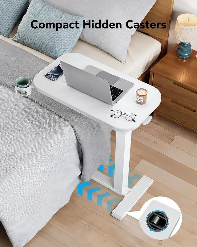 Alt view image 5 of 7 - 32Inch Bedside Table with Wheels, Height-Adjustable Rolling Computer Cart, Overbed Table with Cup Holder, Pneumatic Laptop Standing Desk for Home Office, White