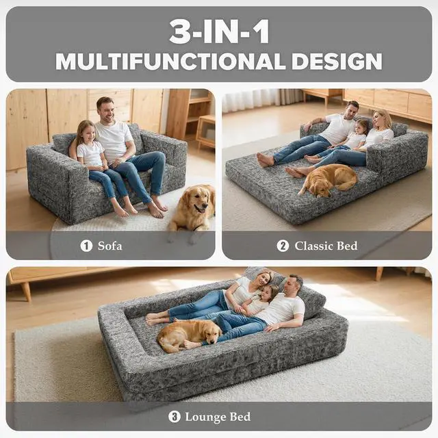 Alt view image 4 of 7 - Convertible Sofa Bed, 3-in-1 Futon Sofa Bed with Pillow, Foldable Pull Out Floor Sofa Bed with Removable Cover, Plush Boneless Couch for Living Room/Bedroom/Dorm