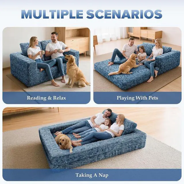 Alt view image 3 of 7 - Convertible Sofa Bed, 3-in-1 Futon Sofa Bed with Pillow, Foldable Pull Out Floor Sofa Bed with Removable Cover, Plush Boneless Couch for Living Room/Bedroom/Dorm
