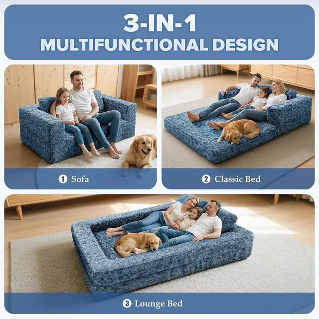 Alt view image 4 of 7 - Convertible Sofa Bed, 3-in-1 Futon Sofa Bed with Pillow, Foldable Pull Out Floor Sofa Bed with Removable Cover, Plush Boneless Couch for Living Room/Bedroom/Dorm
