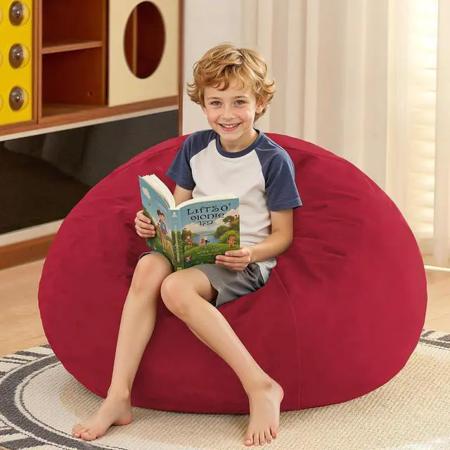 Alt view image 2 of 7 - 2FT Bean Bag Chair, 2' Beanbags Small Bean Bag Chairs with Filling, Teardrop Bean Bag Chair Luxurious Velvet Ultra Soft Fur with Removable Cover (Red)