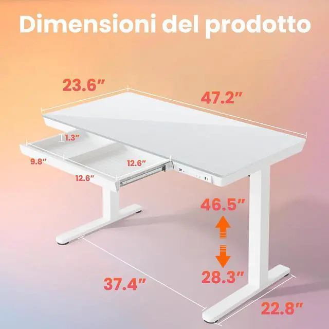 Alt view image 3 of 7 - Glass Standing Desk with Drawers, 48 X 24 Inch Electric Adjustable Height Desk, Quick Install One-Piece Tabletop with USB Charging Ports, White