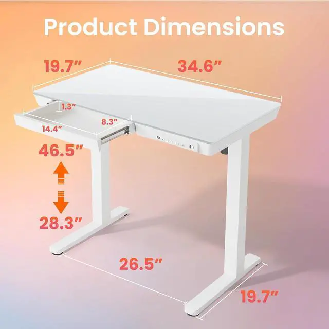 Alt view image 2 of 7 - Glass Standing Desk with Drawers, 35 X 20 Inch Electric Adjustable Height Desk, Quick Install One-Piece Tabletop with USB Charging Ports, White