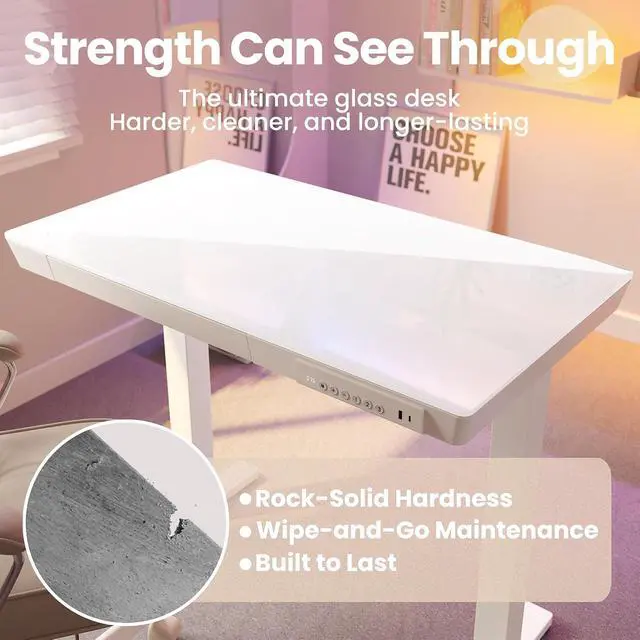 Alt view image 5 of 7 - Glass Standing Desk with Drawers, 35 X 20 Inch Electric Adjustable Height Desk, Quick Install One-Piece Tabletop with USB Charging Ports, White