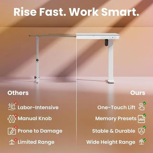 Alt view image 6 of 7 - Glass Standing Desk with Drawers, 35 X 20 Inch Electric Adjustable Height Desk, Quick Install One-Piece Tabletop with USB Charging Ports, White