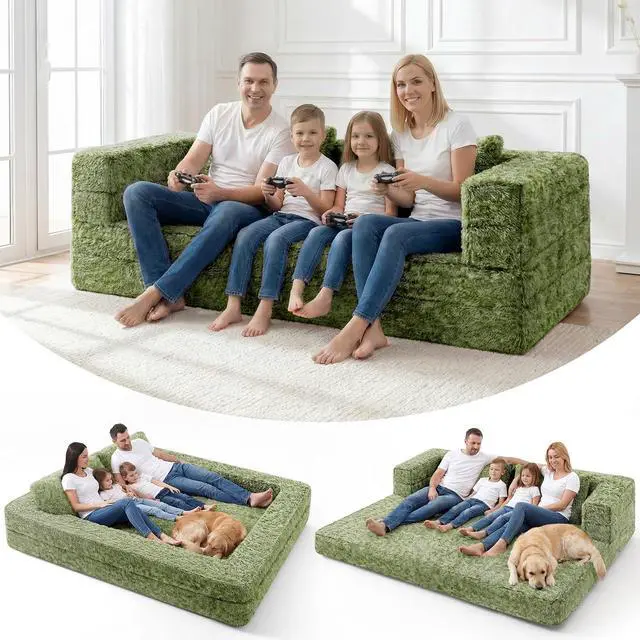 Main image of Convertible Sofa Bed, 3-in-1 Futon Sofa Bed with Pillow, Foldable Pull Out Floor Sofa Bed with Removable Cover, Plush Boneless Couch for Living Room/Bedroom/Dorm