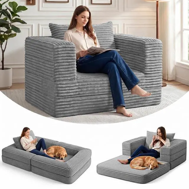 Main image of Futon Sofa Bed,3-in-1 Convertible Sofa Bed with Pillow,Folding Sofa Bed with Removable Cover,Sleeper Sofa Bed Couch,Boneless Couches for Living Room, Bedroom,Full,Light Grey