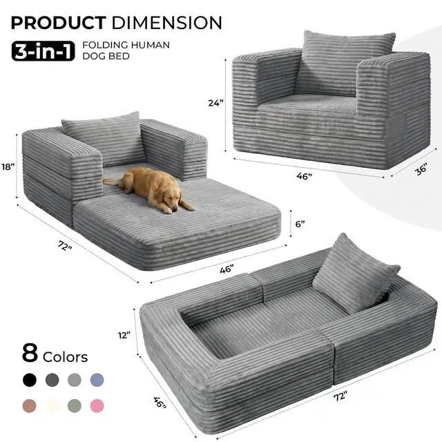 Alt view image 2 of 7 - Futon Sofa Bed,3-in-1 Convertible Sofa Bed with Pillow,Folding Sofa Bed with Removable Cover,Sleeper Sofa Bed Couch,Boneless Couches for Living Room, Bedroom,Full,Light Grey