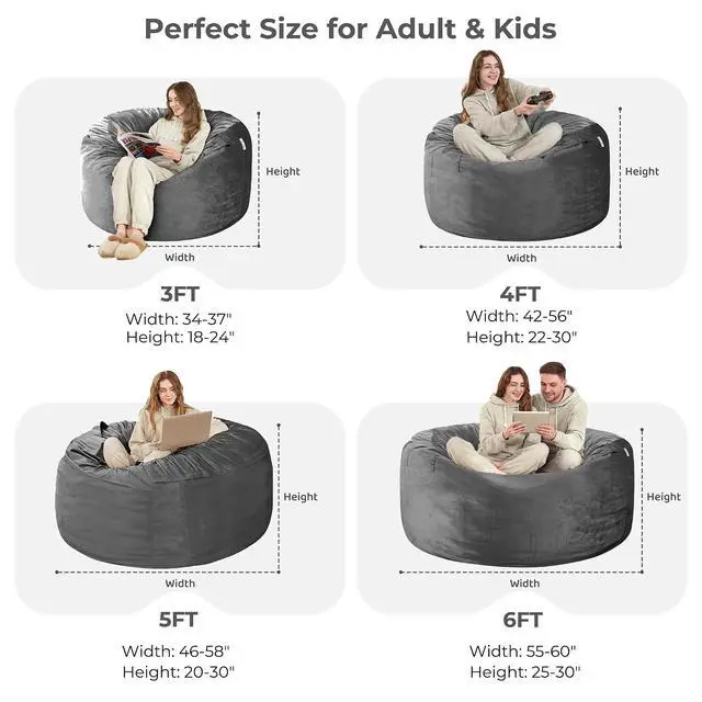 Alt view image 3 of 7 - Bean Bag Chair: Giant 4' Memory Foam Furniture Bean Bag Chairs for Adults with Microfiber Cover 4Ft (Grey)