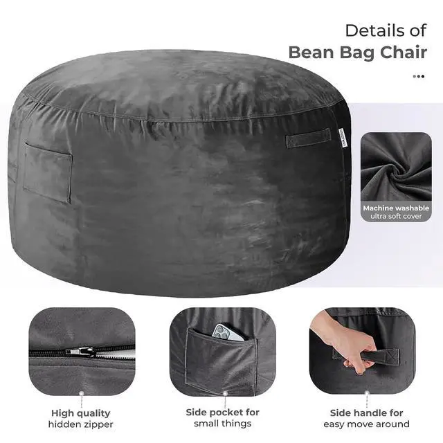 Alt view image 6 of 7 - Bean Bag Chair: Giant 4' Memory Foam Furniture Bean Bag Chairs for Adults with Microfiber Cover 4Ft (Grey)