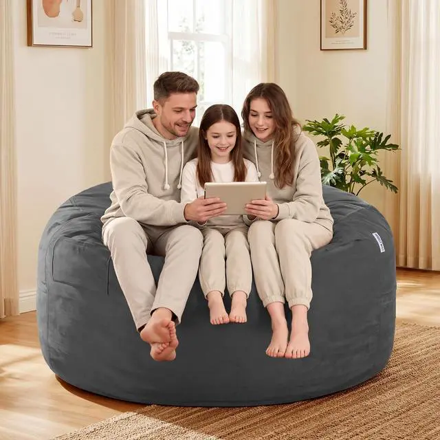 Alt view image 5 of 7 - Bean Bag Chair: Giant 5' Memory Foam Furniture Bean Bag Chair with Microfiber Cover - 5Ft,Silver Grey