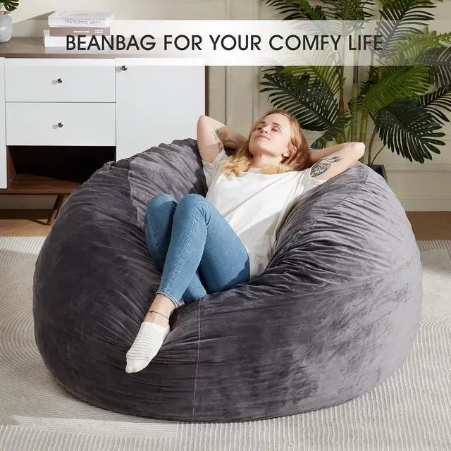 Alt view image 6 of 7 - Bean Bag Chair: Giant 5' Memory Foam Furniture Bean Bag Chair with Microfiber Cover - 5Ft,Silver Grey