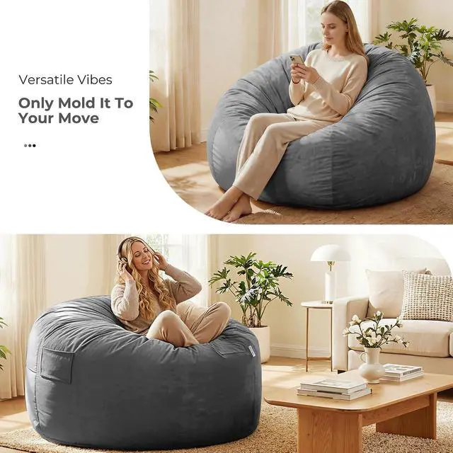 Alt view image 7 of 7 - Bean Bag Chair: Giant 5' Memory Foam Furniture Bean Bag Chair with Microfiber Cover - 5Ft,Silver Grey